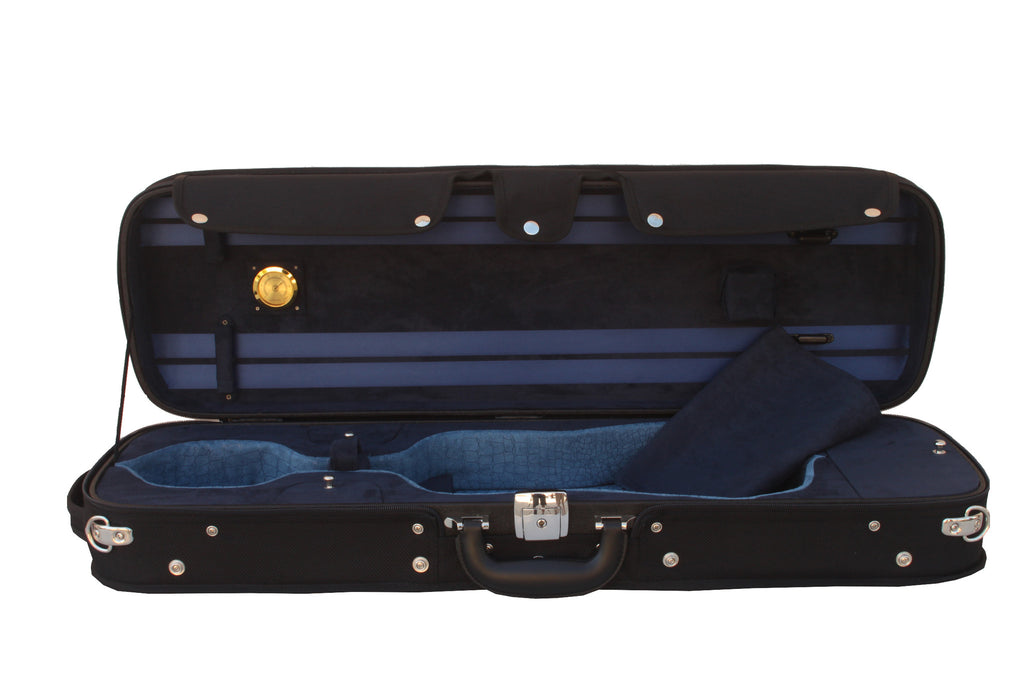 blue violin case with hygrometer